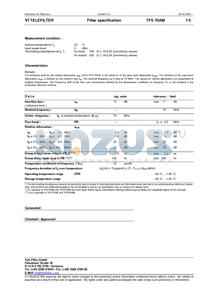 TFS70AM datasheet - Filter specification