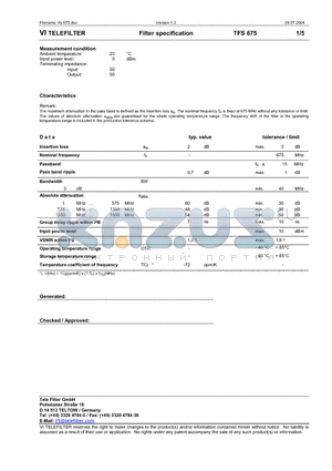 TFS675 datasheet - Filter specification