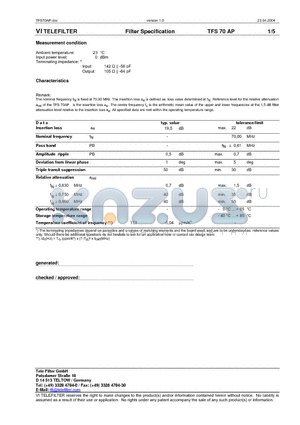 TFS70AP datasheet - Filter Specification