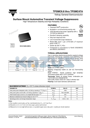 TPSMC6.8AHE3/57T datasheet - Surface Mount Automotive Transient Voltage Suppressors High Temperature Stability and High Reliability Conditions