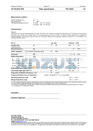 TFS70AS datasheet - Filter specification