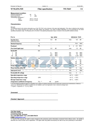 TFS70AY datasheet - Filter specification