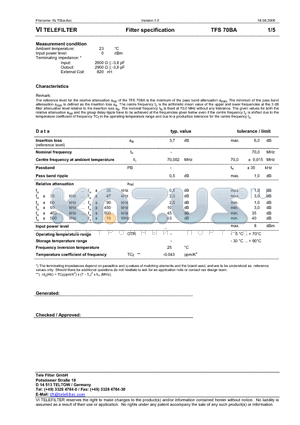 TFS70BA datasheet - Filter specification