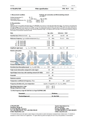 TFS70F datasheet - Filter specification