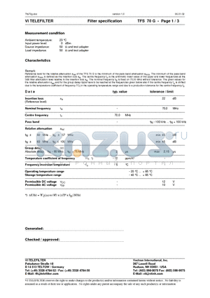 TFS70G datasheet - Filter specification