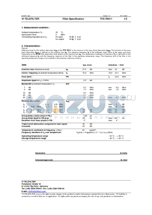 TFS70H11 datasheet - Filter Specification