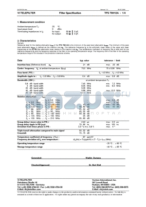 TFS70H12A datasheet - Filter Specification