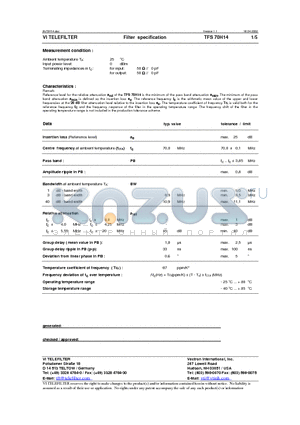 TFS70H14 datasheet - Filter specification