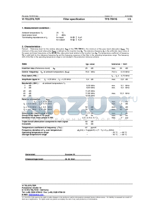 TFS70H16 datasheet - Filter specification