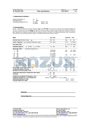 TFS70H17 datasheet - Filter specification