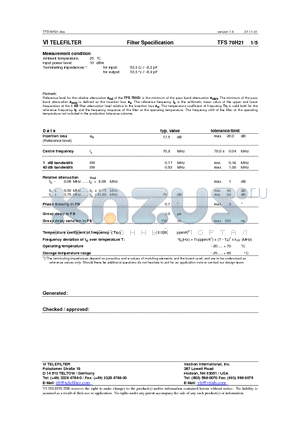 TFS70H21 datasheet - Filter Specification