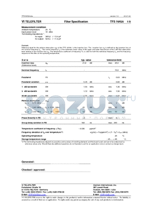 TFS70H25 datasheet - Filter Specification