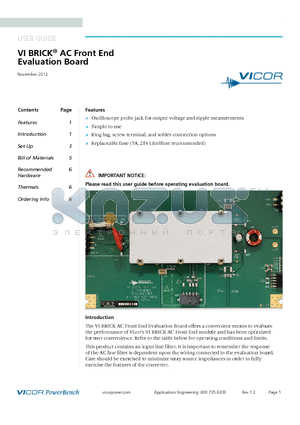 UVY1J101MPD datasheet - VI BRICK^ AC Front End Evaluation Board