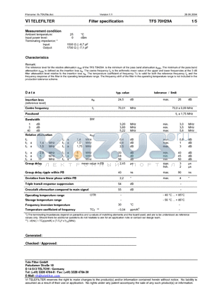 TFS70H29A datasheet - Filter specification