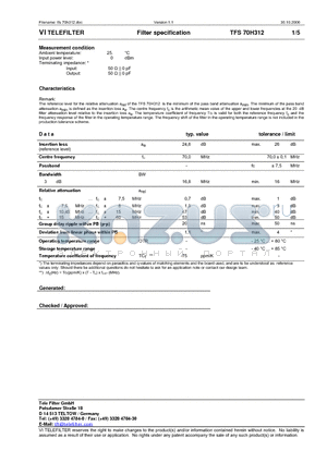 TFS70H312 datasheet - Filter specification