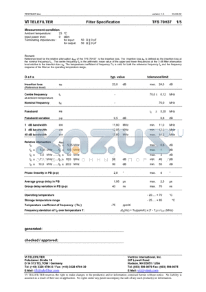 TFS70H37 datasheet - Filter Specification