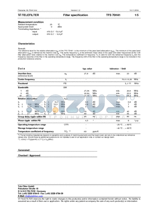 TFS70H41 datasheet - Filter specification