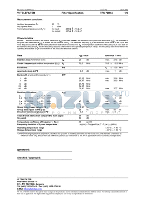 TFS70H44 datasheet - Filter Specification