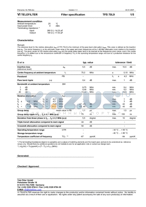 TFS70L9 datasheet - Filter specification