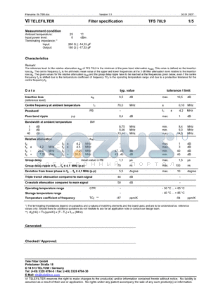 TFS70L9_07 datasheet - Filter specification