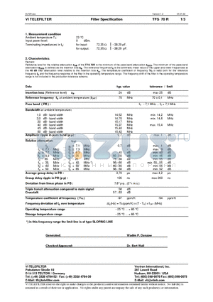 TFS70R datasheet - Filter Specification