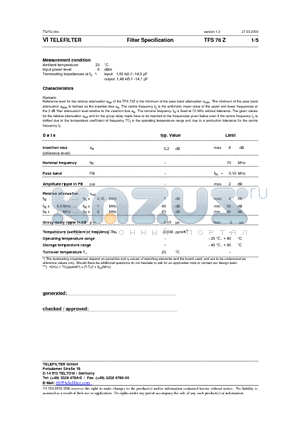 TFS70Z datasheet - Filter Specification