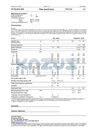 TFS71C datasheet - Filter specification