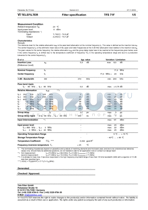 TFS71F datasheet - Filter specification