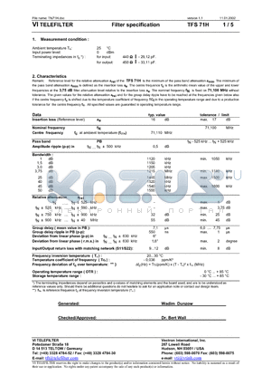 TFS71H datasheet - Filter specification