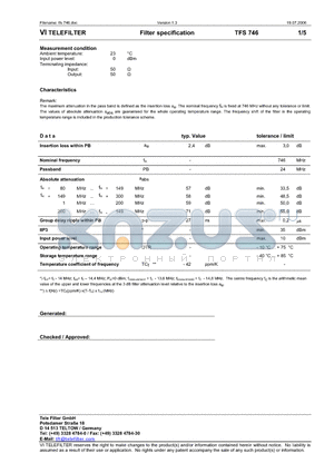 TFS746 datasheet - Filter specification