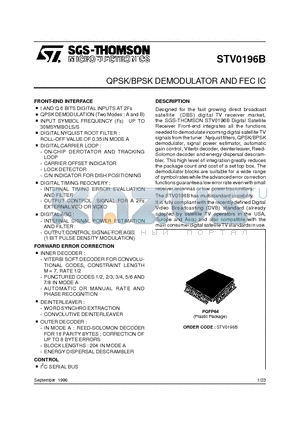 STV0196 datasheet - QPSK/BPSK DEMODULATOR AND FEC IC