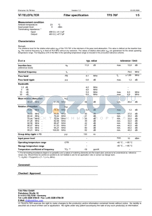 TFS76F datasheet - Filter specification