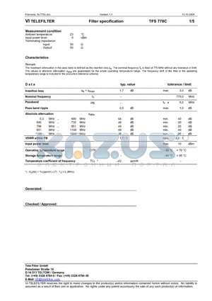 TFS770C datasheet - Filter specification