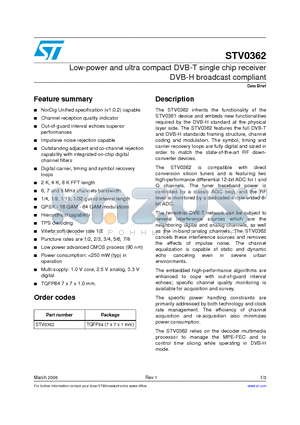 STV0362 datasheet - Low-power and ultra compact DVB-T single chip receiver DVB-H broadcast compliant