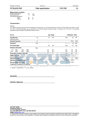 TFS770F datasheet - Filter specification