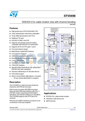 STV0498 datasheet - DOCSIS 2.0 cable modem chip with channel bonding