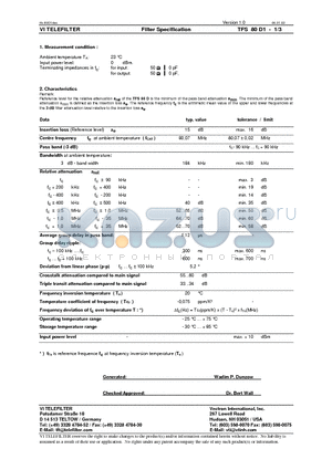 TFS80D1 datasheet - Filter Specification