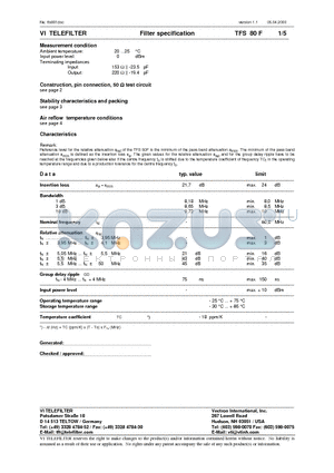 TFS80F datasheet - Filter specification