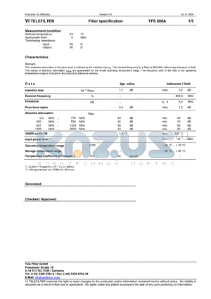 TFS800A datasheet - Filter specification