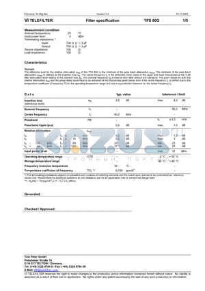 TFS80G datasheet - Filter specification