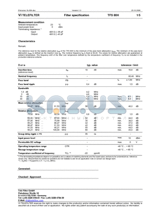 TFS80H datasheet - Filter specification