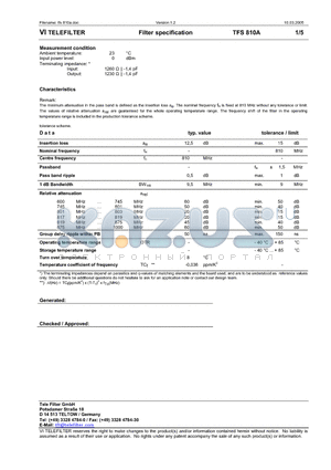 TFS810A datasheet - Filter specification