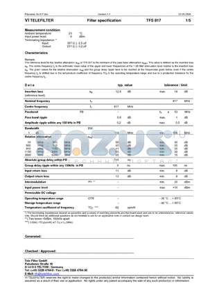 TFS817 datasheet - Filter specification