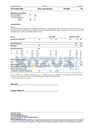 TFS850 datasheet - Filter specification