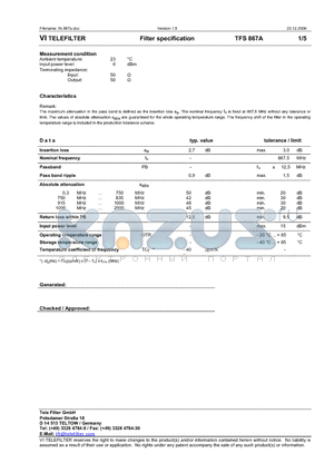 TFS867A datasheet - Filter specification