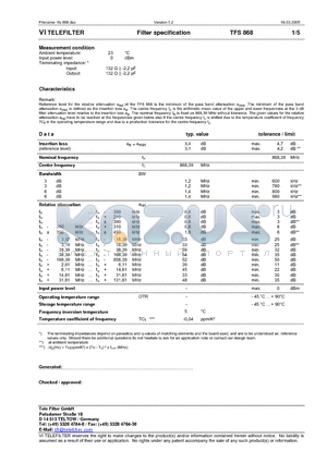 TFS868 datasheet - Filter specification