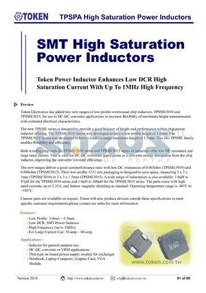 TPSPA-0603-100M datasheet - TPSPA High Saturation Power Inductors