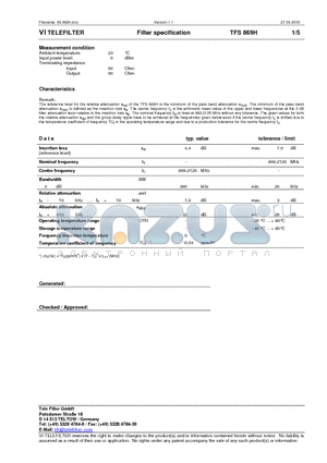 TFS869H datasheet - Filter specification