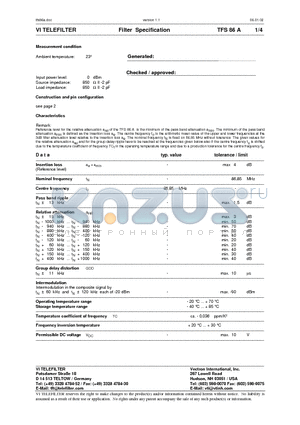 TFS86A datasheet - Filter Specification