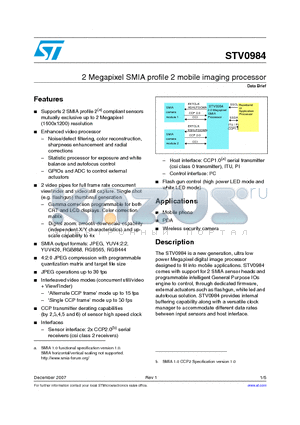 STV0984TR datasheet - 2 Megapixel SMIA profile 2 mobile imaging processor